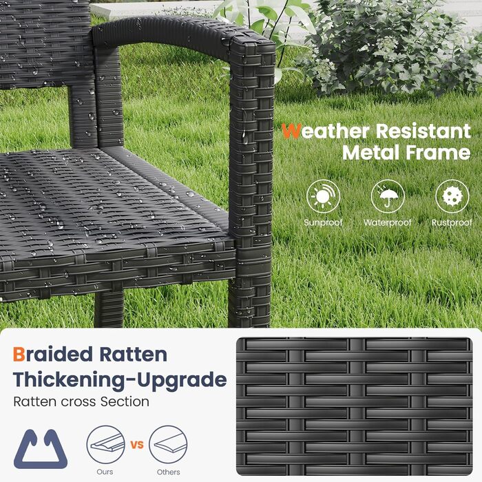 Садова лавка Udpatiо з ротангу для тераси, балкона та саду, чорна 123x63x86 см, витримує до 320 кг
