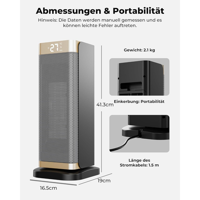 Електричний обігрівач 2000W з енергозбереженням, тихий, 3 режими, PTC кераміка, швидкий нагрів, ECO-режим, пульт ДУ, таймер 12H, поворот 70°, для офісу, спальні, ванної кімнати, золотий