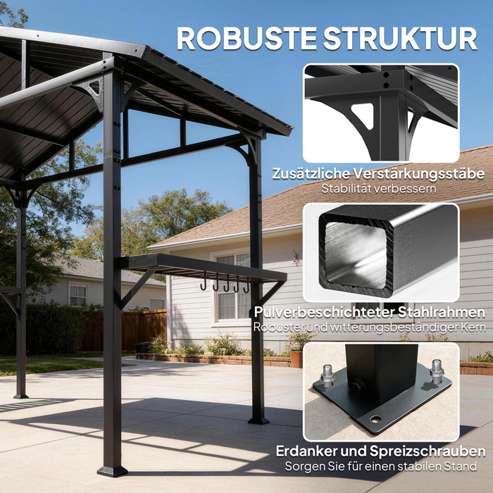 Намет для барбекю 2,52 x 1,56 м, Водонепроникний павільйон для гриля з двосхилим дахом, полицями та гачками, сталевий каркас, чорний