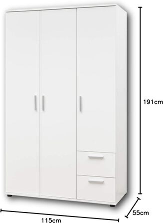 Дверна - Універсальна шафа-купе з розпашними дверима з великою кількістю місця для зберігання в білому кольорі - 115 x 191 x 55 см (Ш/В/Г), 3-