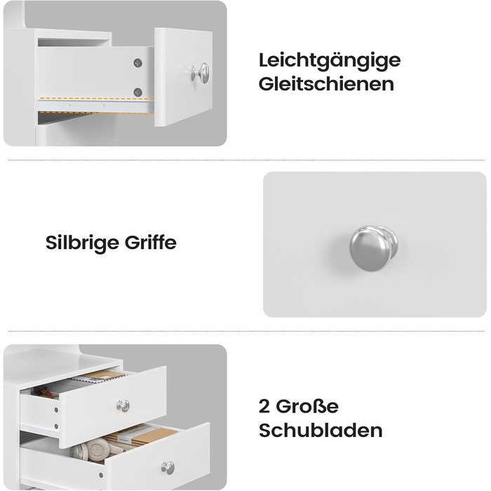 Нічний столик AOGLLATI з секретною поличкою, розеткою та LED-підсвіткою. 2 шухляди, висувний ящик, полиця. Білий, 40x35x59 см