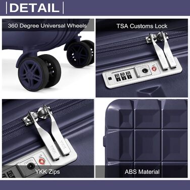 KONO Набір валіз 4 в 1: велика, середня, маленька та beauty case. Сучасний дизайн, ABS пластик, TSA замок, 4 колеса, темно-синій колір.