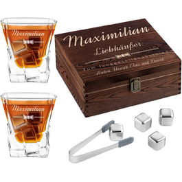 Набір каменів для віскі Maverton-в дерев'яній коробці з гравіюванням-8 кубиків льоду 2 склянки для віскі щипці оксамитовий мішечок-багаторазовий-металевий-подарунок для чоловіків- (парубочий)