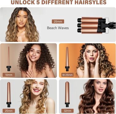 Набір для завивки волосся 5 в 1 Janelove - керамічний локонстаб 10-32 мм з різними насадками, регульована температура, рукавички та нейлонова сумка (Рожеве золото)
