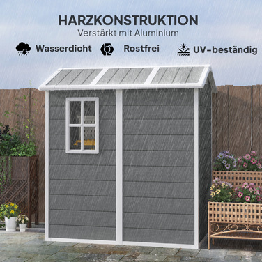 Outsunny Garden Shed 2,1 м², Водонепроникний садовий сарай з підлоговим односхилим дахом, 131x186x198/172 см, Сарай для інструментів з дверима, що замикаються, Вікно Велосипедний гараж, Садова шафа з алюмінію, для заднього двору, Саду, Сірий | Аосом