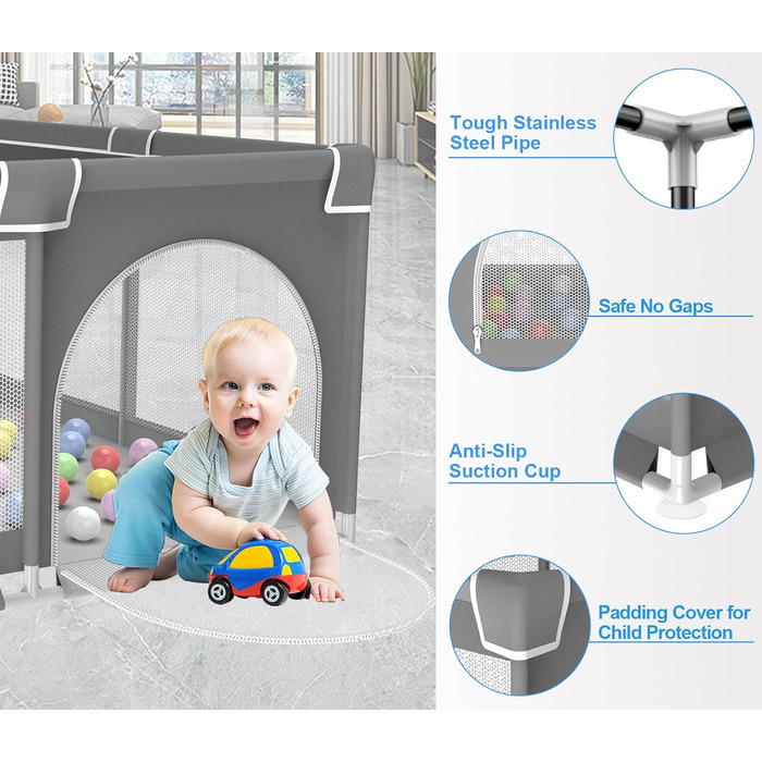 Дитячий ігровий центр/манеж Laufstall, 120x120 см, з ігровою килимком, складний, сітчасті бортики, з фіксаторами (сірий)