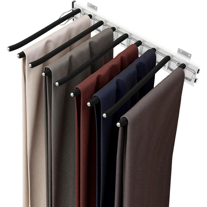 Висувний тримач для штанів, полиця для штанів, 9 тримачів для шарфів, висувна вішалка для штанів, одягу, краваток, шарфів, глибина шафи 48 см, лівостороннє кріплення