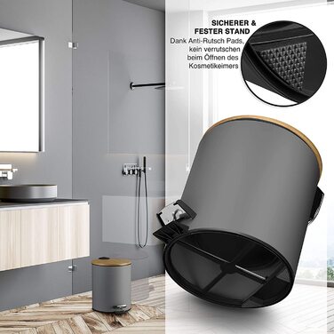 Косметичне відро VMbathrooms 3L з вишуканим чорним дизайном / відро для педалей з автоматичним опусканням м'яке закривання) / елегантне відро для ванної кімнати з внутрішньою ємністю і кришкою з бамбукового дерева (сірий матовий 5l)