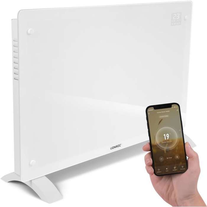 Електричний конвекторний обігрівач VONROC 2000W - для кімнат до 24м² - настінний/підлоговий монтаж - ручне/APP керування, білий