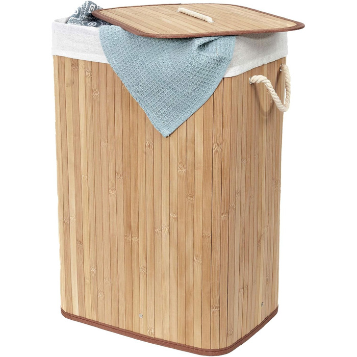 Кошик для білизни з бамбука з винімним мішком - стильний кошик для ванної, спальні або пральні - декоративне зберігання в стилі SPA, квадратний