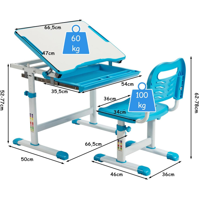 Набір дитячих письмових столів GOPLUS з регулюванням висоти та відкидною стільницею та шухлядою, синій