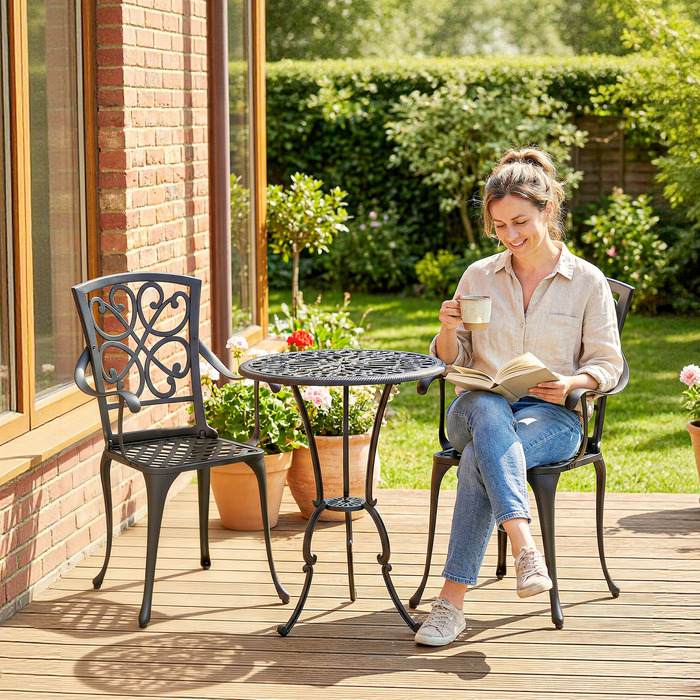 Комплект садового бістро на 3 місця: круглий стіл та 2 стільці з отвором для парасольки, античний стиль, виготовлений з алюмінію.