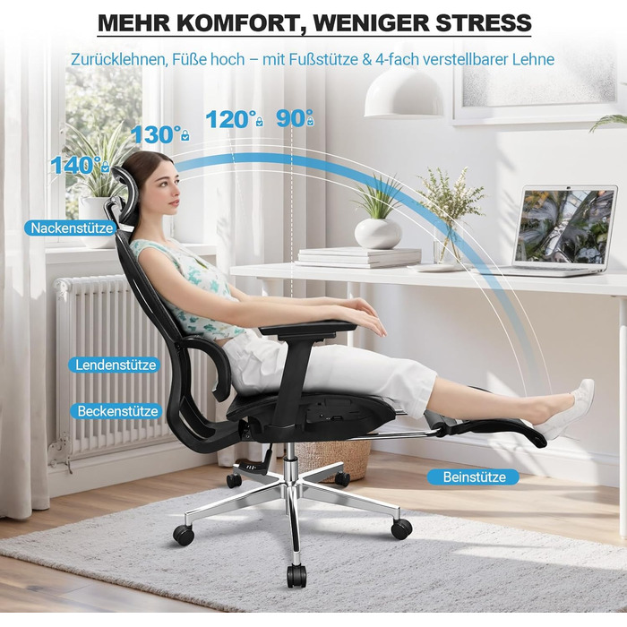Ергономічне крісло для офісу, 4D підлокітники, регульована глибина сидіння, 4-ступеневий нахил, гумові колеса, сітчаста сидіння, висока спинка, для великих людей, Homeoffice & Gaming, ергономічне крісло для робочого столу (Чорний – з підставкою для ніг, с
