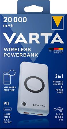 Та бездротовий зарядний пристрій VARTA 2in1, 20000mAh, LED дисплей, заряджає 4 пристрої, в т.ч. кабель USB-C, білий