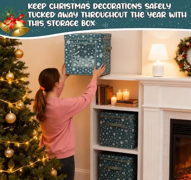 Коробка для зберігання новорічних прикрас, 166 відділень, з регульованими перегородками, кришкою та ручками, 31x31x30 см, червона, принт сніжинки, білий фон