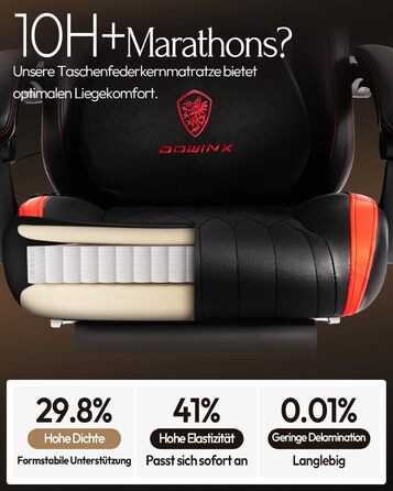 Ігровий крісло Dowinx з масажем, ергономічний дизайн, підтримка попереку та шиї, до 135 кг, шкіра, чорний (червоний)