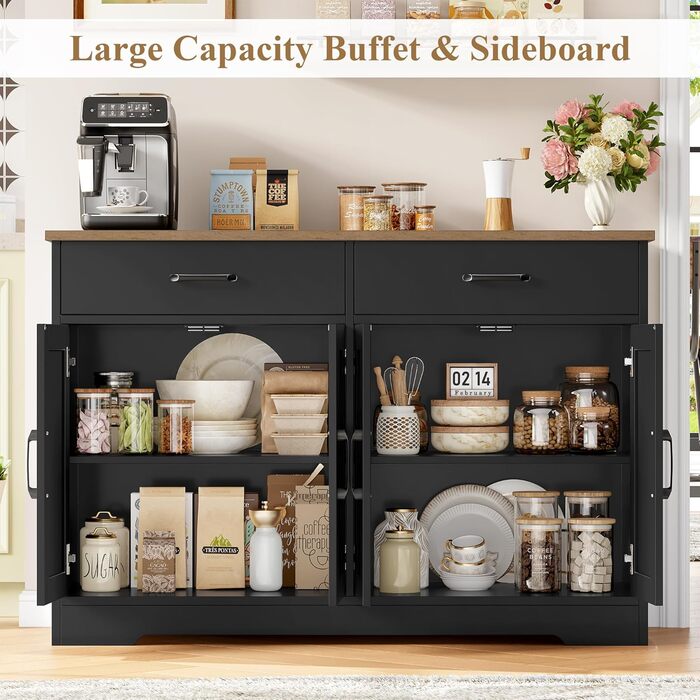 Тумба під ТВ HOCSOK 120 см, кухонна шафа з робочою поверхнею, буфет для зберігання з 2 висувними ящиками та 4 дверцятами, для вітальні, кухні, передпокою, чорний & коричневий