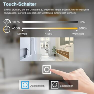 Дзеркало для ванної кімнати MIQU LED 60x50 см з підсвічуванням, тепле/холодне світло, регулювання яскравості, антизапар, прямокутна форма