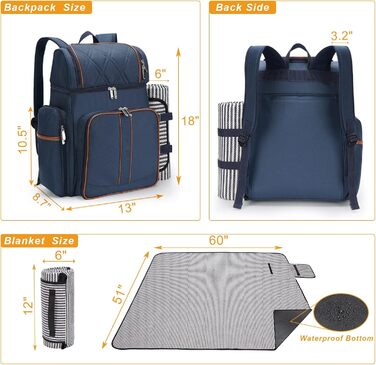 Набір для пікніка на 4 особи: рюкзак, корзина, ізотермосумка, ковдра, для кемпінгу та парку (темно-синій)