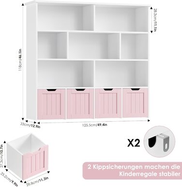 Дитяча полиця FOREHILL з коробками на колесах, 4 яруси, меблі для дитячої кімнати, іграшковий та книжковий стеллаж, рожевий, 125.5x33x118 см