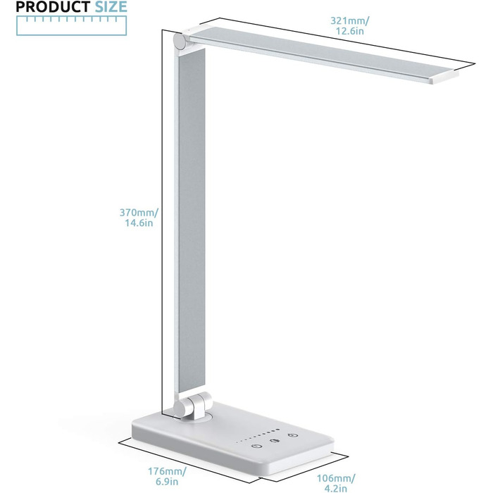 Світлодіодна настільна лампа Angdarun, з можливістю затемнення, USB, 5 кольорів, 10 рівнів яскравості, сенсорний, складний, сріблястий