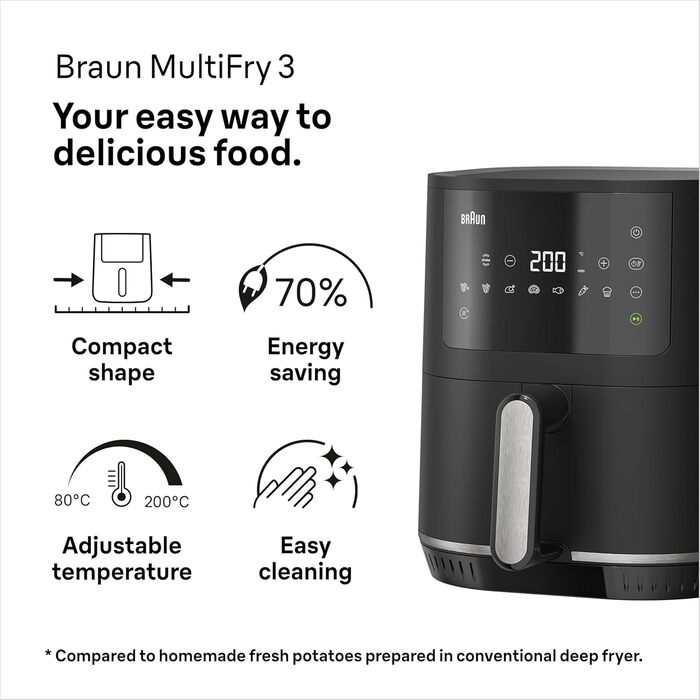 Фритюрниця повітряна Braun MultiFry 3 HF 3030, 4.3 л, 1500 Вт, цифрове керування, 8 програм, чорна