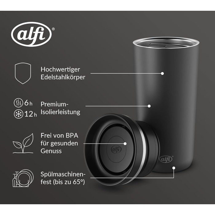 Термокружка Alfi ISO COFFEE MUG PRO, 0.38 л, нержавіюча сталь, для кави з собою, чорна