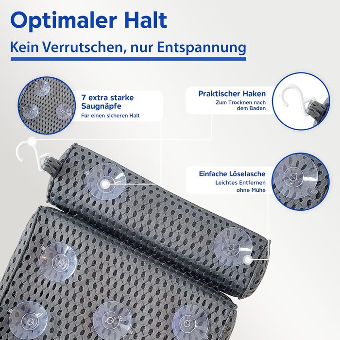 Подушка для ванни з присосками, сіра - ергономічна підкладка під голову у ванну