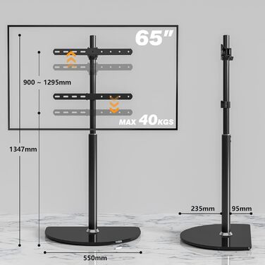 Підлогова підставка для телевізора RFIV для 32-65 дюймів LED LCD OLED телевізор, поворотна, регулюється по висоті, до 40 кг, чорна