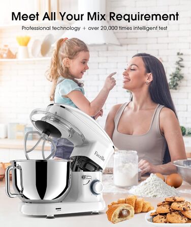 Кухонна машина Facelle 1500W з нержавіючою чашею 6.2 л, 6 швидкостей, міксер для тіста, планетарний міксер