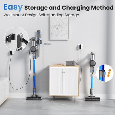 Бездротовий пилосос Dzaki Akku з потужністю 45KPa, без мішка, з дисплеєм, антизаплутана щітка, час роботи 55 хв, знімний акумулятор, для твердих поверхонь, шерсті тварин, килимів, авто, блакитний