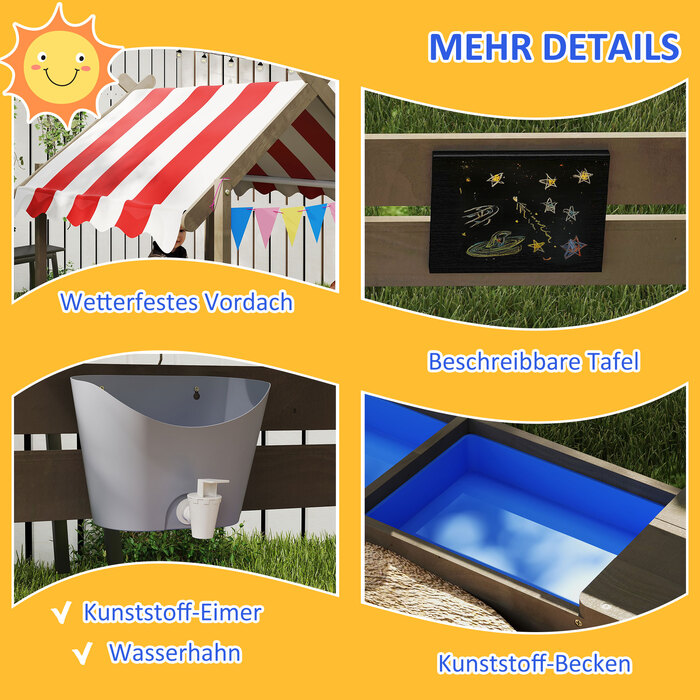 Пісочниця з сонцезахистом, у вигляді будиночка, з ігровим набором, оброблена масивна деревина, 124 x 116 x 146 см, сірого кольору