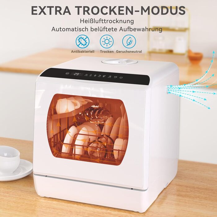 Компактна посудомийна машина Hermitlux Mini на 5 комплектів посуду (5л бак), портативна посудомийна машина з 6 програмами та 360° розпилювачами | З функцією сушіння гарячим повітрям | Клас енергоефективності D | Без встановлення, скляні дверцята