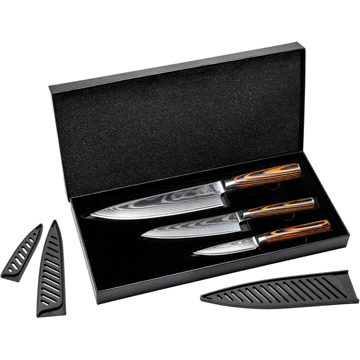 Набір кухонних ножів Wolfblood з дамаської сталі (32, 26, 20 см) - 67 шарів, 62 HRC, з захистом леза та подарунковою коробкою