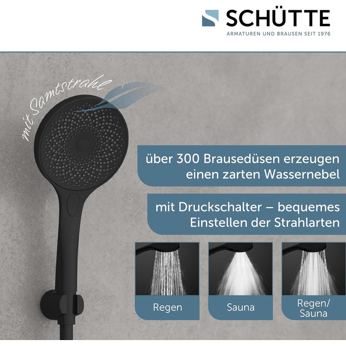 Ручний душ SCHTTE CAPRI з технологією оксамитового розпилення душова лійка з понад 300 струменями та 3 регульованими режимами розпилення душова лійка проти накипу для душу (чорна)