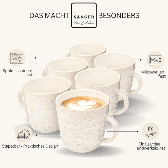 Набір кавових чашок Sänger VALUE COLLECTION (6 шт.), 430 мл, кераміка, темно-зелений, для кави та чаю, стійкий до миття в посудомийній машині та використання в мікрохвильовій печі