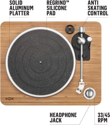 Бездротовий програвач вінілу House of Marley Stir It Up Bluetooth, екологічний, 33/45 об/хв, з вбудованим передпідсилювачем, головкою Audio-Technica, з бамбука