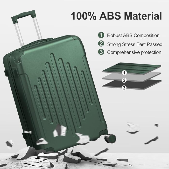 Набір валіз LALAHO 2 шт. з косметичкою, ABS, телескопічний ручка, захист кутів, сірий (Dunkelgrün-1, M (55CM))