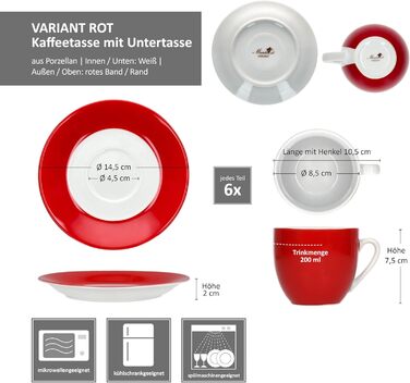Набір червоних кавових чашок на 6 персон, 200 мл, з блюдцями, фарфор, для дому та гастрономії