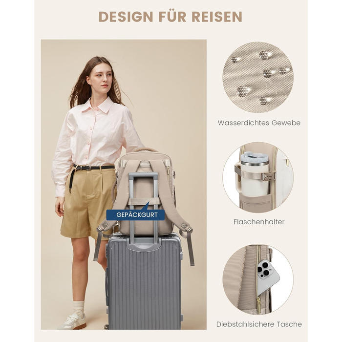 LOVEVOOK Рюкзак ручної поклажі, 40л, 17.3 дюйми, для подорожей та бізнесу, водонепроникний, 45x30x20см, світло-бежевий