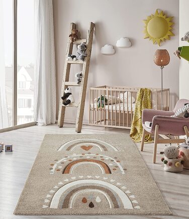Сучасний м'який дитячий килим, м'який ворс, легкий у догляді, стійкий до фарбування, яскраві кольори, Райдужний візерунок, (80 х 150 см, бежевий)