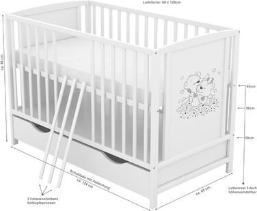 Дитяче ліжко Baby Delux 60x120 см біле, мотив ведмедя, з ящиком і матрацом