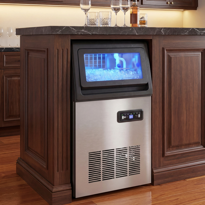 Професійна льодогенераторна машина, 45 кг/24 год, нержавіюча сталь, вбудована або окремостояча, сріблястий колір
