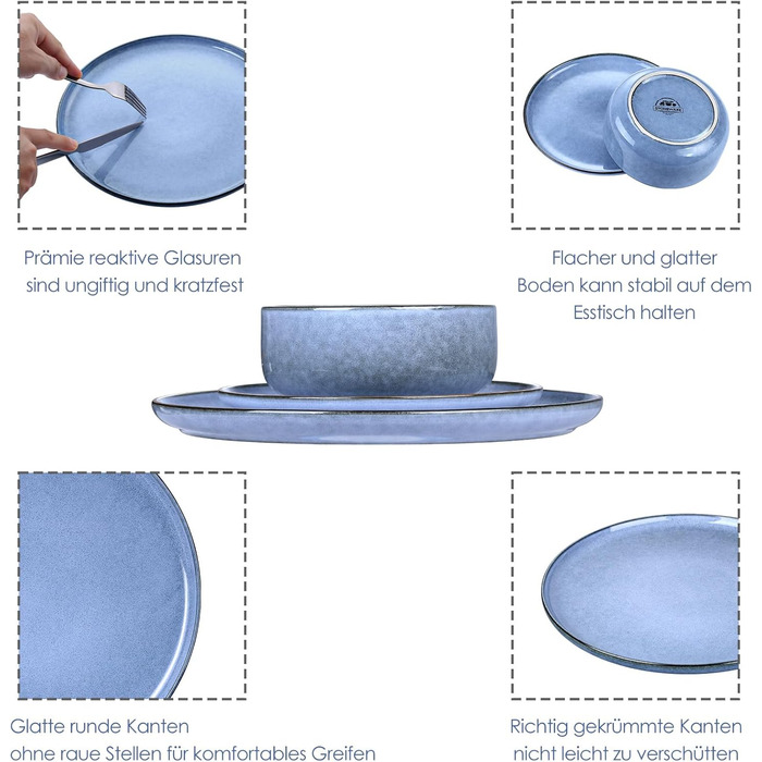 Набір посуду 6 персон, Onader 18 шт. Керамограніт, тарілки та миски, стійкі до подряпин і придатні для мікрохвильової печі (синій)
