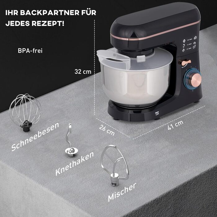 Кухонна машина HOMCOM 1400W з чашею 5.5л з нержавіючої сталі, 6 швидкостей, міксер для тіста, з набором насадок