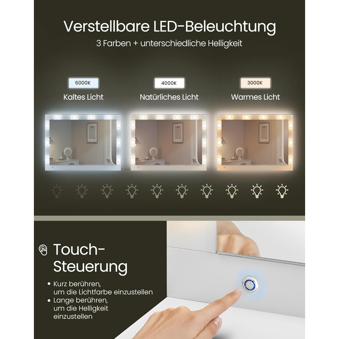 Трюмо VASAGLE з LED-підсвічуванням, дзеркалом та ящиками, 40 x 125 x 140 см, сучасний дизайн, колір