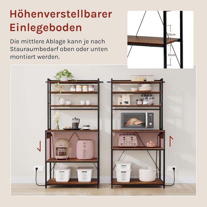 Кухонна полиця WOLTU з 6 ярусами, з розетками, для мікрохвильовки, з металевим каркасом, регульовані полиці, чорний+рустичний коричневий, 60 x 167 x 40 см (чорний+вінтажний коричневий, 80 x 39,5 x 167 см)