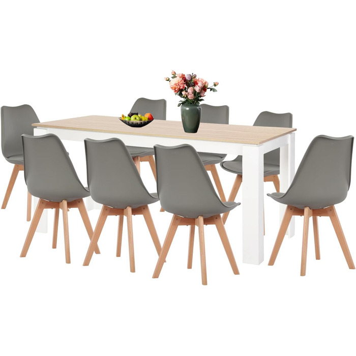 Обідній стіл з 6 стільцями, комплект для їдальні. Дерев'яний стіл 160 см з ніжками дуб/білий та 6 білих стільців. Підходить для вітальні, кухні, офісу.