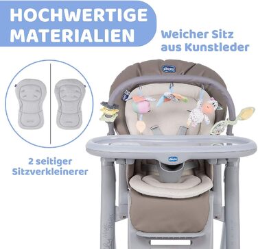 Високий стільчик Chicco Polly Magic Relax з іграшковим центром та зменшувачем для новонароджених, 8 положень по висоті, 4 колеса, Made in Italy