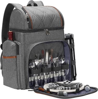 Набір для пікніка на 4 особи: рюкзак, корзина, сумка-холодильник, ковдра, для кемпінгу, парку (сірий)